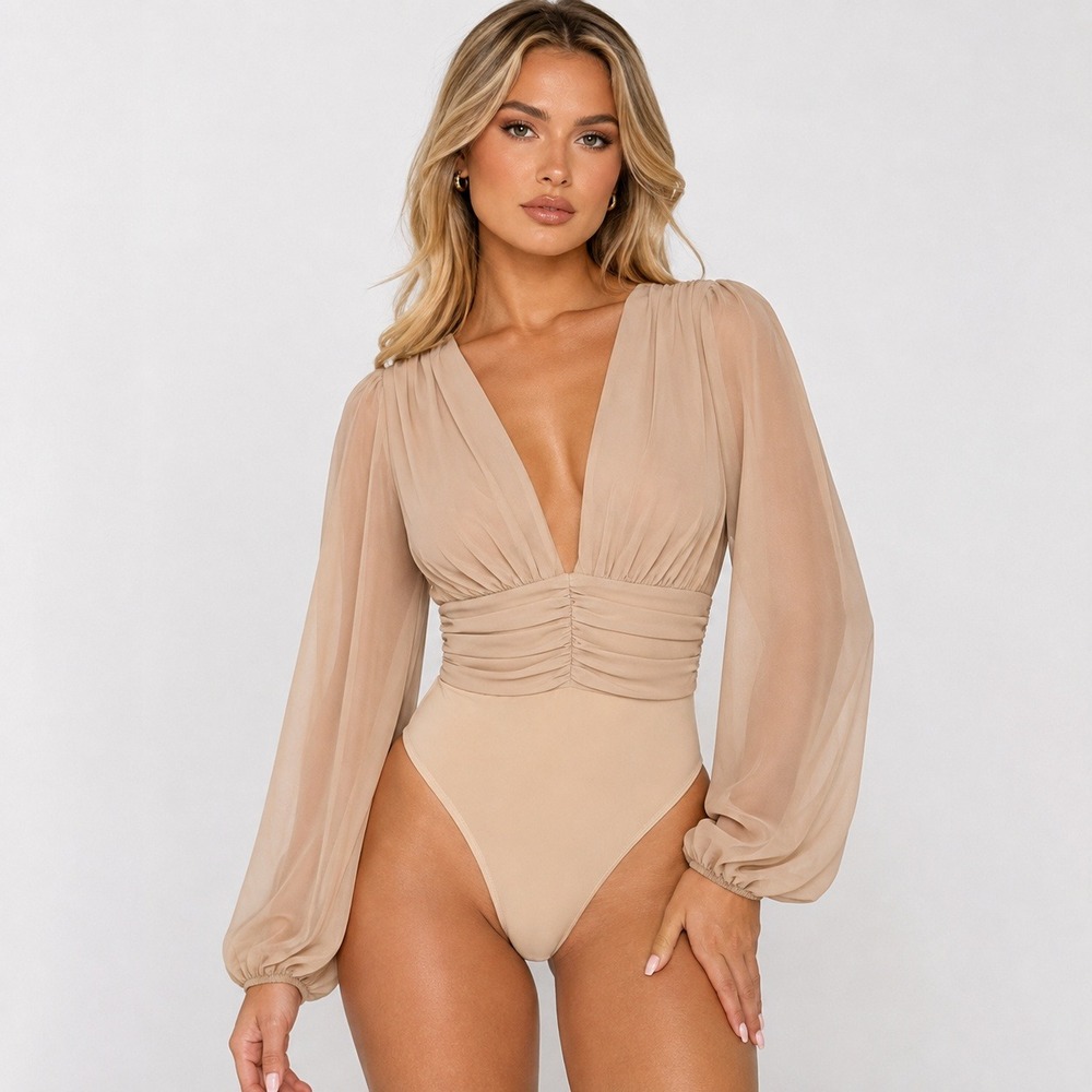 PrettyLittleThing Nude Mesh Ruched Long Sleeve Bodysuit US 4 UK 8